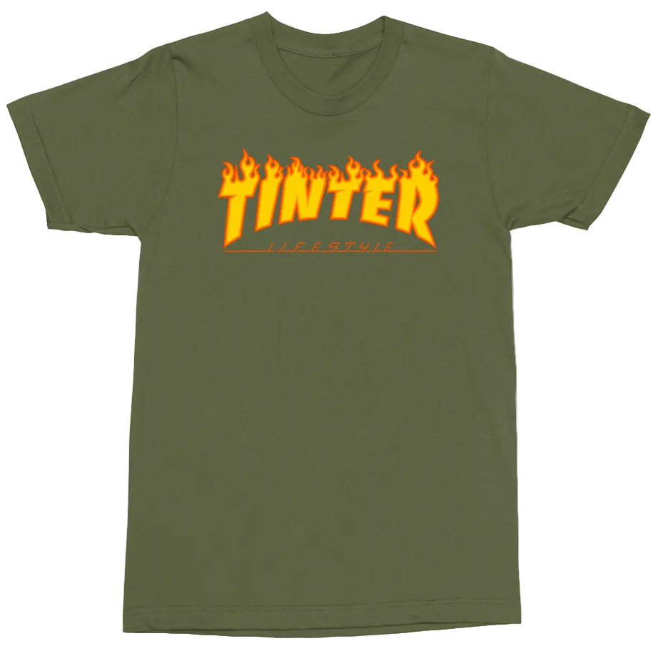 An olive green short-sleeve t-shirt with a prominent orange graphic on the chest reading 'TINTER' in a flame-style font, with 'LIFE ESTHER' written underneath.