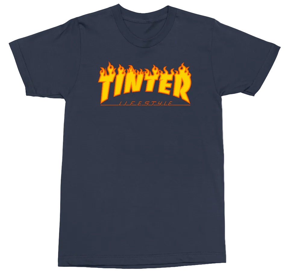 A navy blue short-sleeve t-shirt with a prominent orange and yellow flame-style graphic on the chest reading 'TINTER' and smaller text 'LIFESTYLE' underneath, displayed on a clean white background.