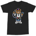 A black short-sleeve crewneck t-shirt featuring a cartoon graphic of a bear character dressed in a white and blue racing suit, holding a gun and a flag, set against a plain white background.