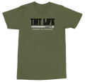 An olive green short-sleeve t-shirt with a black graphic print on the chest reading 'TINT LIFE' and 'EMBRACE THE DARNNESS' below it, displayed on a clean white background.