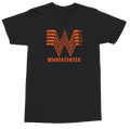 A black short-sleeve crewneck t-shirt featuring a stylized orange graphic logo on the chest resembling stacked 'W' shapes, with the text 'WHATANTINTER' printed below in orange, displayed on a clean white background.