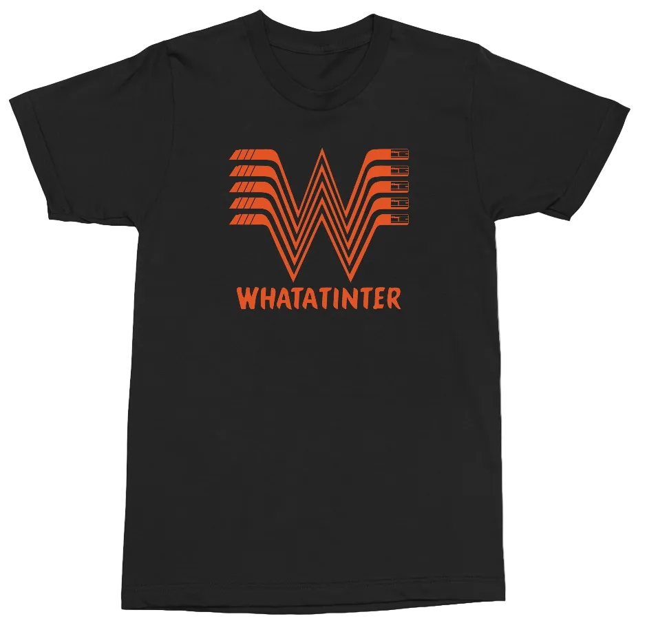 A black short-sleeve crewneck t-shirt featuring a stylized orange graphic logo on the chest resembling stacked 'W' shapes, with the text 'WHATANTINTER' printed below in orange, displayed on a clean white background.