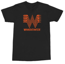 Load image into Gallery viewer, A black short-sleeve crewneck t-shirt featuring a stylized orange graphic logo on the chest resembling stacked 'W' shapes, with the text 'WHATANTINTER' printed below in orange, displayed on a clean white background.

