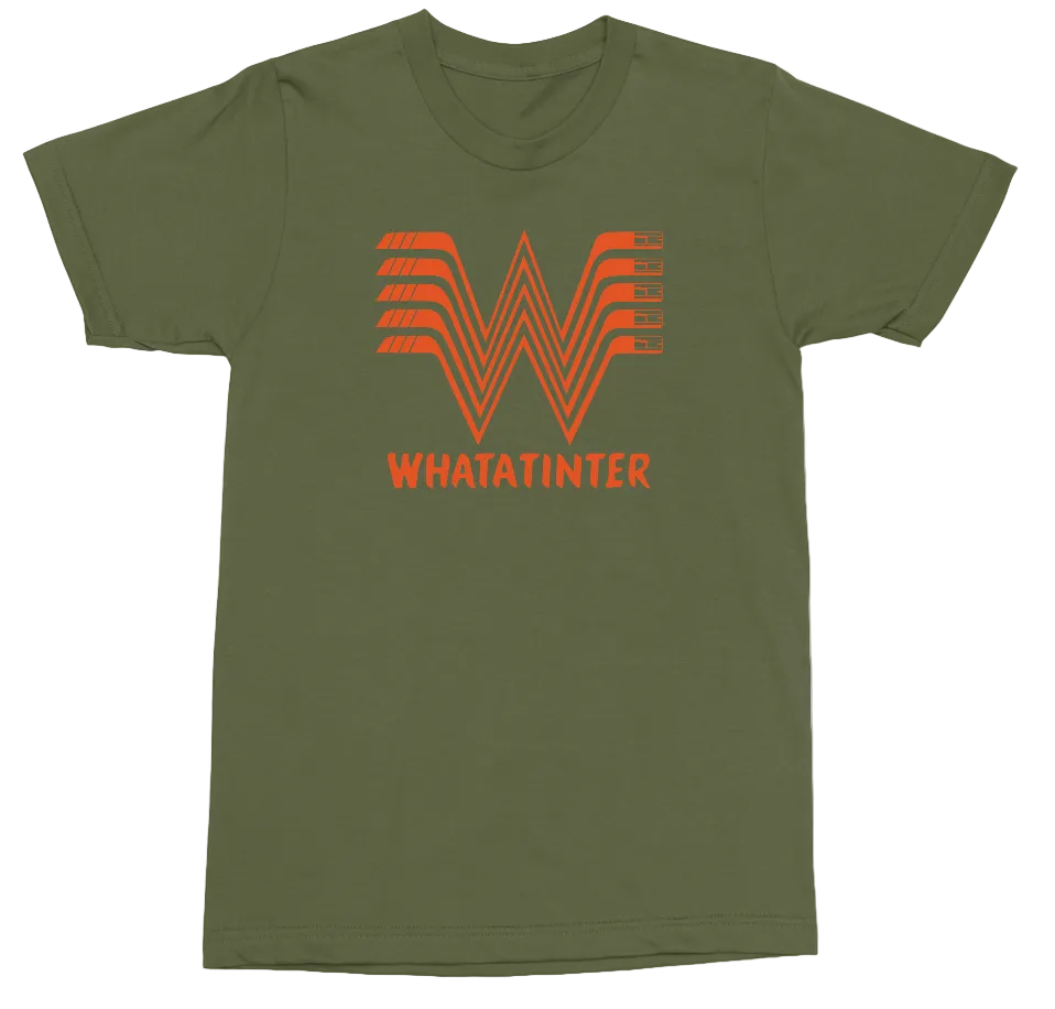 An olive green short-sleeve t-shirt with a bright orange graphic on the chest. The graphic features a stylized stacked 'W' logo above the text 'WHATINTER'.