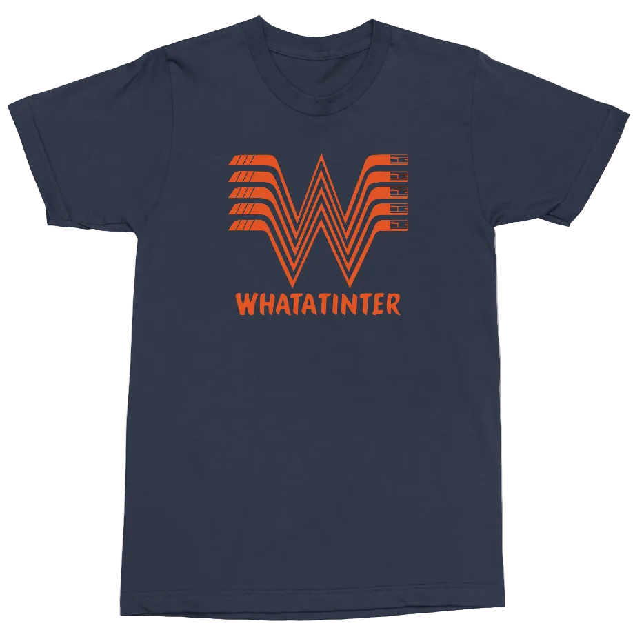 A navy blue short-sleeve t-shirt with a bright orange graphic on the chest. The graphic features a stylized, layered 'W' logo resembling a barcode or cassette tape, with the text 'WHATINTER' printed underneath in a matching orange font.
