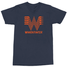 Load image into Gallery viewer, A navy blue short-sleeve t-shirt with a bright orange graphic on the chest. The graphic features a stylized, layered 'W' logo resembling a barcode or cassette tape, with the text 'WHATINTER' printed underneath in a matching orange font.
