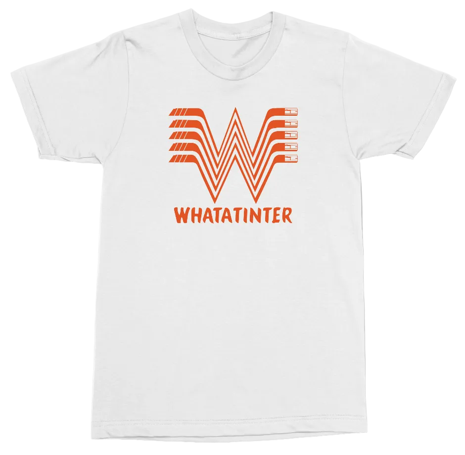 A white short-sleeve crewneck t-shirt featuring a retro orange graphic of a stylized 'W' with horizontal bars and the word 'WHATINTER' printed below it, displayed on a clean white background.