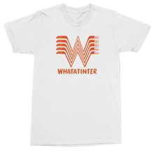 Load image into Gallery viewer, A white short-sleeve crewneck t-shirt featuring a retro orange graphic of a stylized 'W' with horizontal bars and the word 'WHATINTER' printed below it, displayed on a clean white background.
