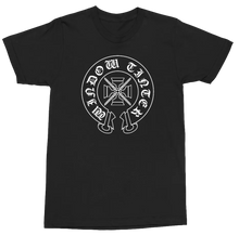 Load image into Gallery viewer, A black short-sleeve crewneck t-shirt featuring a white circular graphic on the chest with a central cross and the words 'DO U TAKE ME HARD' in a gothic font.
