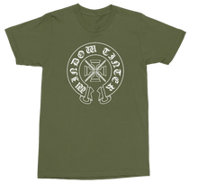 Load image into Gallery viewer, An olive green short-sleeve t-shirt with a white circular graphic on the chest featuring a central cross and gothic lettering.
