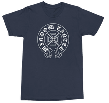 Load image into Gallery viewer, A navy blue short-sleeve crewneck t-shirt with a white circular graphic on the chest featuring a cross and gothic lettering.
