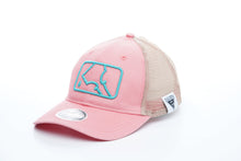 Load image into Gallery viewer, Curved Bill | MLT Squeegee Silhouette Logo in Teal | Pink Bill &amp; Crown w/ Light Pink Mesh - PONYTAIL
