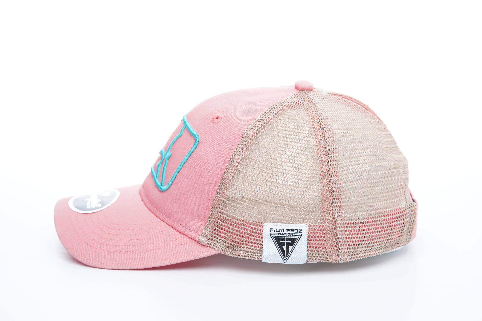 Curved Bill | MLT Squeegee Silhouette Logo in Teal | Pink Bill & Crown w/ Light Pink Mesh - PONYTAIL