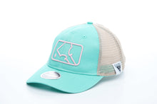 Load image into Gallery viewer, Curved Bill | MLT Squeegee Silhouette Logo in Pink| Teal Bill &amp; Crown w/ Light Grey Mesh - PONYTAIL
