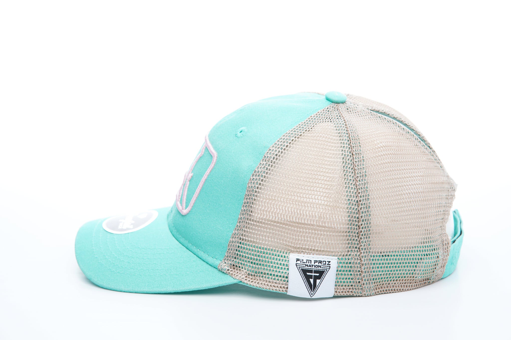 Curved Bill | MLT Squeegee Silhouette Logo in Pink| Teal Bill & Crown w/ Light Grey Mesh - PONYTAIL